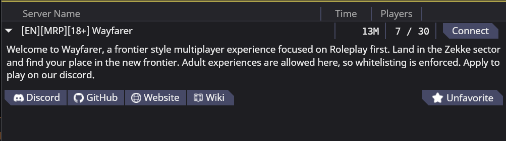SS14 server browser showing Wayfarer in the search results